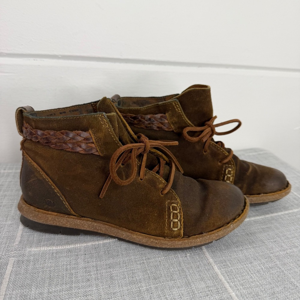 Born Temple Ankle Boots Brown Leather Size‎ 6 Braided Trim Fairy Cottage